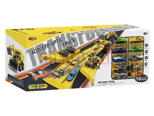 3 az 1-ben katapult teherautó zenél, világít, 6 db fém autóval és 4 db fém teherautóval