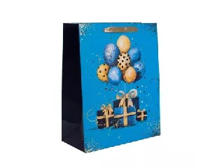 Ajándék- és lufimintás ajándéktasak - kék, 11 x 14 cm