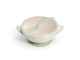 BabyOno tányér - tapadó aljú, fedeles, kanállal krém/zöld 1063/07