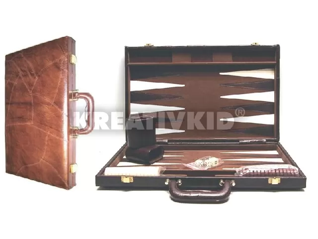 Backgammon - valódi barna bőr koffer, 46x30 cm-es