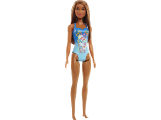 Beach Barbie barna hajjal kék fürdőruhában 