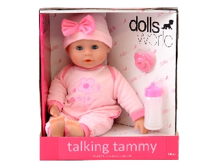 Beszélő és alvó puha baba - rózsaszín ruhában, 38 cm