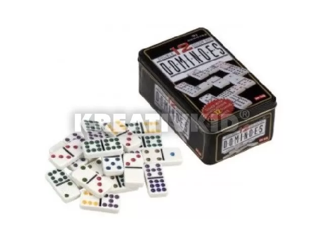 Dominó készlet - színes pöttyökkel fém dobozban