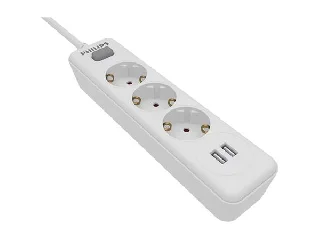 Elosztósor, 3 csatlakozóaljzat, 2xUSB-A, 2 m kábel, PHILIPS, fehér