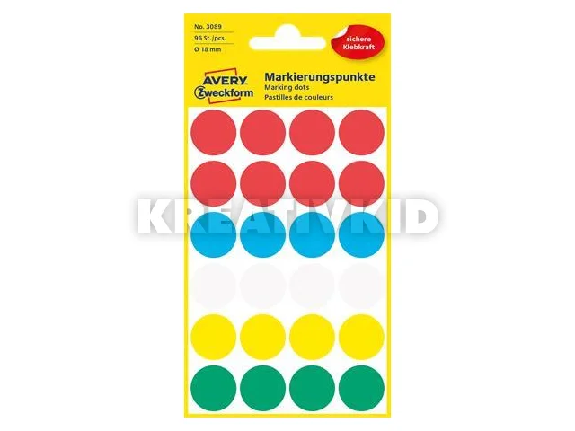 Etikett, 18 mm, kör, AVERY ZWECKFORM, 5 különböző szín, 96 etikett/csomag