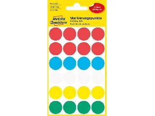 Etikett, 18 mm, kör, AVERY ZWECKFORM, 5 különböző szín, 96 etikett/csomag