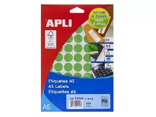 Etikett, 19 mm kör, színes, A5 hordozón, APLI, zöld, 560 etikett/csomag