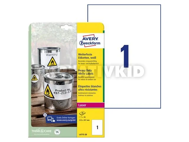 Etikett, 210x297 mm, poliészter, időjárásálló, 210x297 mm, AVERY ZWECKFORM, fehér, 20 etikett/csomag
