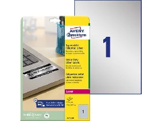 Etikett, 210x297 mm, poliészter, időjárásálló, AVERY ZWECKOFRM, ezüst, 20 etikett/csomag