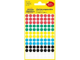 Etikett, 8 mm, kör, AVERY ZWECKFORM, 5 különböző szín, 416 etikett/csomag
