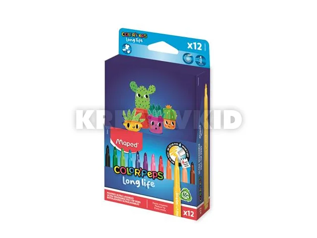 Filctoll készlet, 3,7 mm, kimosható, dobozos, MAPED „Color`Peps Long Life 2”, 12 különböző szín