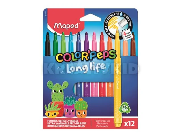 Filctoll készlet, 3,7 mm, kimosható, MAPED „Color`Peps Long Life 2”, 12 különböző szín