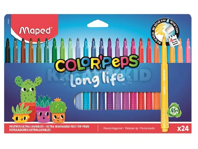 Filctoll készlet, 3,7 mm, kimosható, MAPED „Color`Peps Long Life 2”, 24 különböző szín