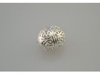 Gyöngy fém rusztikus,ezüst szín, h:1,2 cm, d:0,9cm, lyuk:0,15cm, 10 db/csomag