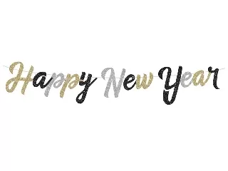 Happy New Year glitteres füzér fekete, arany, ezüst 2, 5m