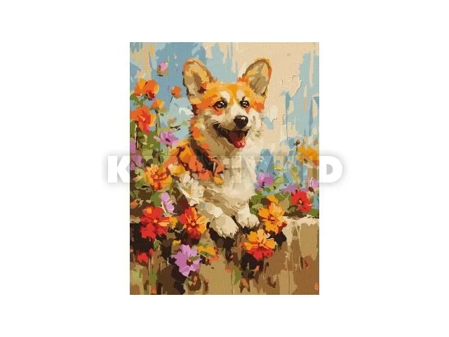 Ideyka: Festés számok szerint, Corgi a virágok közt - 30 x 40 cm