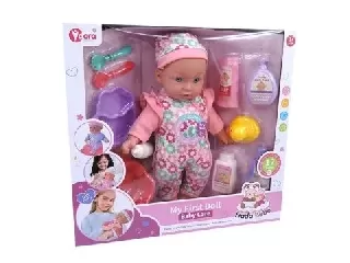 Interaktív játékbaba overálban, kiegészítőkkel - 35 cm