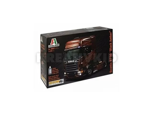 Italeri: Scania R730 V8 fekete-borostyán kamion makett, 1:24