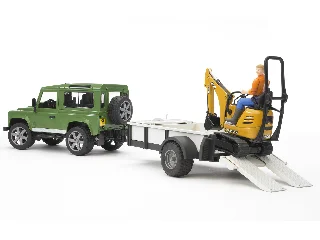 Land Rover Defender egytengelyes pótkocsi, JCB mikro kotrógép és munkás