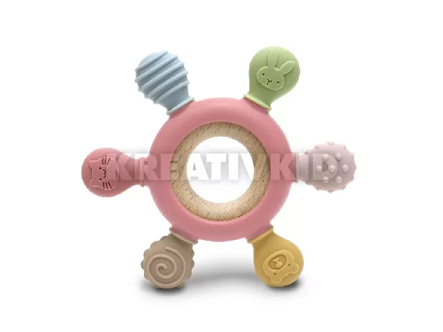 Lorelli Kormánykerék szilikon és bükkfa rágóka - Deep Pink