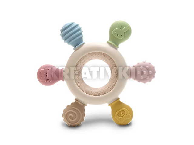 Lorelli Kormánykerék szilikon és bükkfa rágóka - Natural Beige