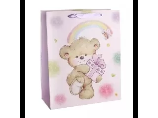 Maci ajándékkal glitteres ajándékzacskó - 18 x 23 cm