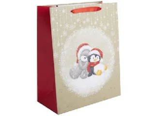 Maci és pingvin Mikulás sapkában ajándéktasak - 31 x 42 cm