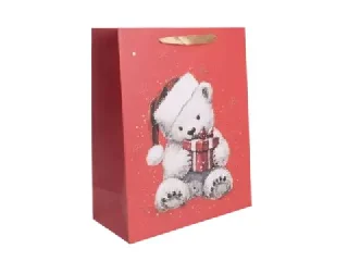 Maci mintás csillámló ajándéktasak szalagfüllel - 26 x 32 cm