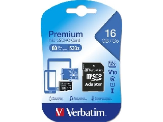Memóriakártya, microSDHC, 16GB, CL10/U1, 45/10 MB/s, adapter, VERBATIM 