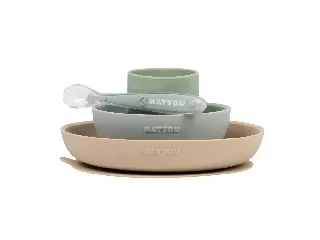 Nattou étkészlet szilikon 4 részes pohárral homok-zöld