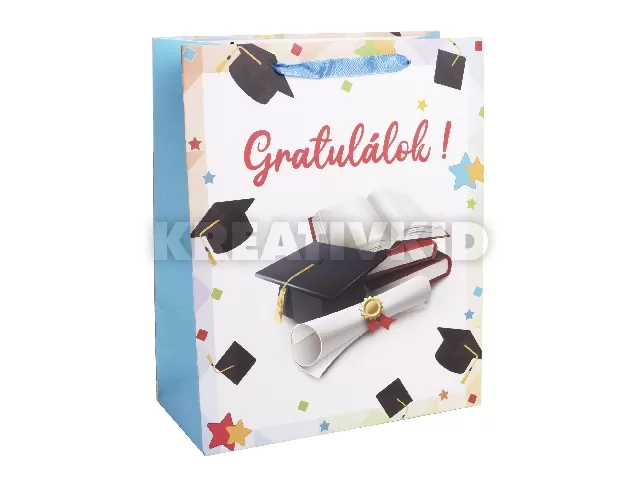 Gratulálok! feliratos ajándéktasak ballagásra, kék - 18 x 23 cm