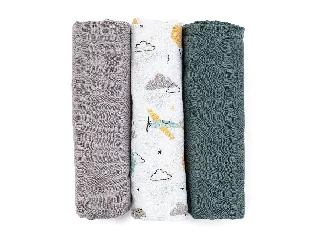 Petite & Mars Bambusz muszlin 3db-os pelenka szett Moussy Grey Planes, 68 x 68 cm