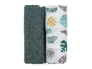 Petite&Mars Bambusz muszlin 2db-os pelenka szett, Misty Green Leaves, 120 x 120 cm