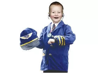 Pilóta jelmez: kabát, nyakkendő, sapka, mikrofon, óra, iránytű, lista