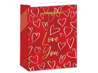 Piros, arany szíves ajándékzacskó - 18 x 23 cm