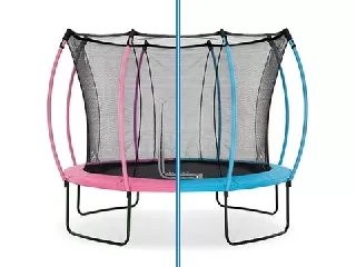 Plum: Kétszínű Prémium trambulin védőhálóval és rugóvédővel – kék-rózsaszín, 305 cm-es