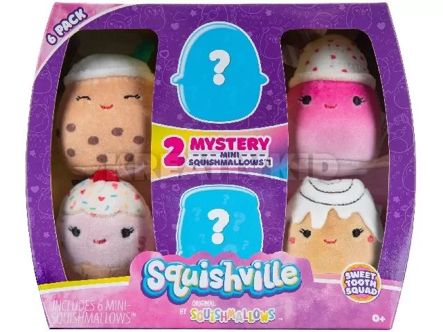 Squishville Sweet Tooth mini plüssök 6 darabos szett, amely 2 db meglepi mini plüsst tartalmaz