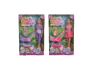 Steffi Love: Steffi baba babakocsival és kisbabával - rózsaszín 