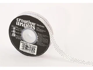 Szatén szalag, 15 mm x 22 m, fehér fekete pöttyökkel