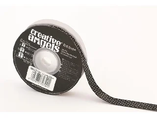 Szatén szalag, 15 mm x 22 m, fekete fehér pöttyökkel