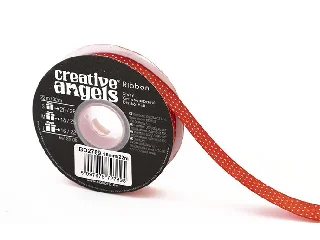 Szatén szalag, 15 mm x 22 m, piros fehér pöttyökkel