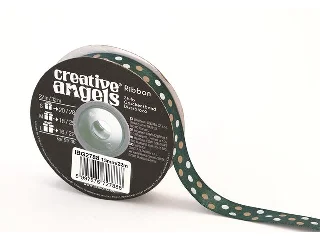 Szatén szalag, 15 mm x 22 m, sötétzöld vegyes pöttyökkel