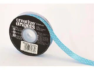 Szatén szalag, 15 mm x 22 m, világos kék fehér pöttyökkel