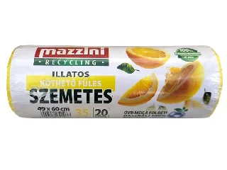 Szemeteszsák, újrahasznosított, köthető füles, illatosított, 35 l, 20 db, 49x60 cm, 10 µ, MAZZINI, citrus illat
