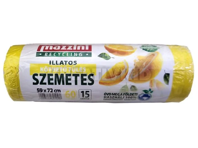 Szemeteszsák, újrahasznosított, köthető füles, illatosított, 60 l, 15 db, 59x72 cm, 13 µ, MAZZINI, citrus illat