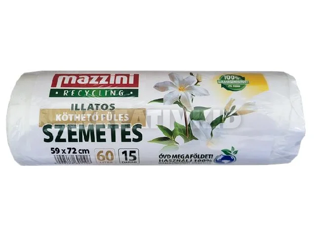 Szemeteszsák, újrahasznosított, köthető füles, illatosított, 60 l, 15 db, 59x72 cm, 13 µ, MAZZINI, virág illat