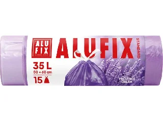 Szemeteszsák, zárószalagos, 35 l, 15 db, 50x60 cm, 15 µ, ALUFIX, levendula
