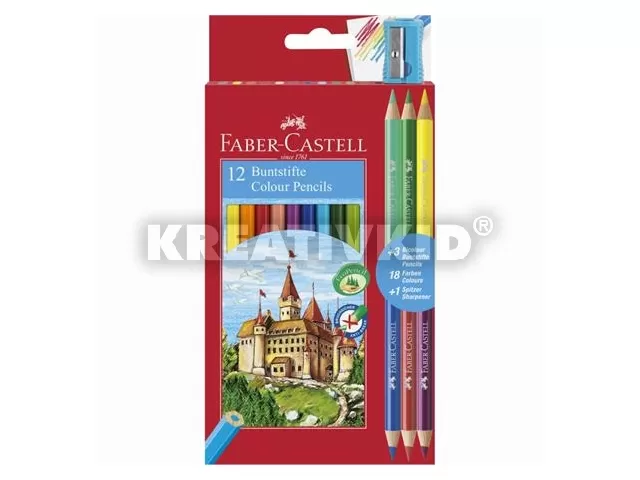Színes ceruza készlet, hatszögletű, FABER-CASTELL, 12 különböző szín + 3 db bicolor ceruza