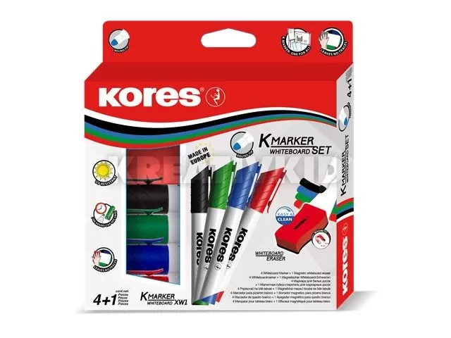 Tábla- és flipchart marker készlet mágneses táblatörlő szivaccsal, 1-3 mm, kúpos KORES, 4 különböző szín