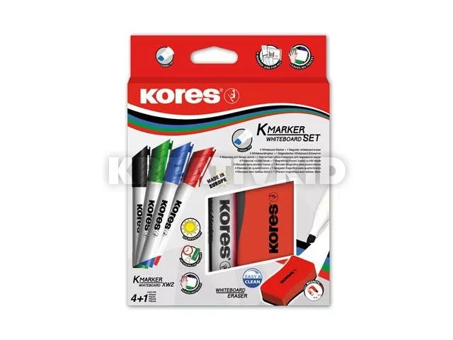 Tábla- és flipchart marker készlet mágneses táblatörlő szivaccsal, 3-5 mm, vágott, KORES, 4 különböző szín